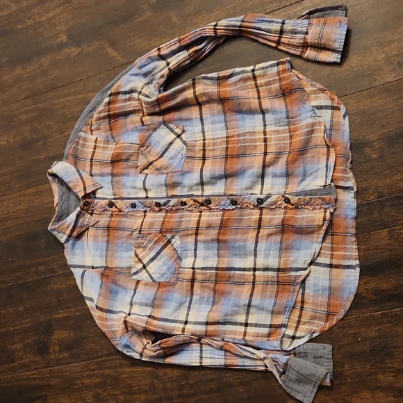 We the free peopleplaid flannel XS chambray blue+brown western button down shirt - Picture 2 of 5